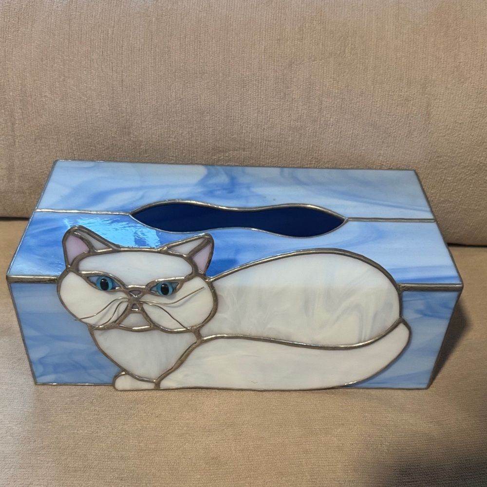 Vintage Blue and White Stained Glass Cat Box